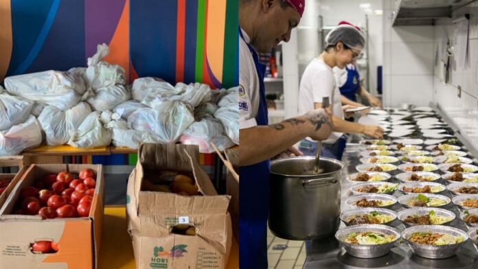 À esquerda, alimentos arrecadados pelo projeto Quebrada Alimentada. À direita, a preparação das marmitas utilizando esses mesmos donativos.