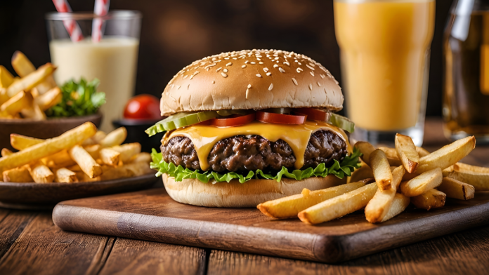 Hamburguer, batata frita e suco, compondo um combo vendido em fastfood.