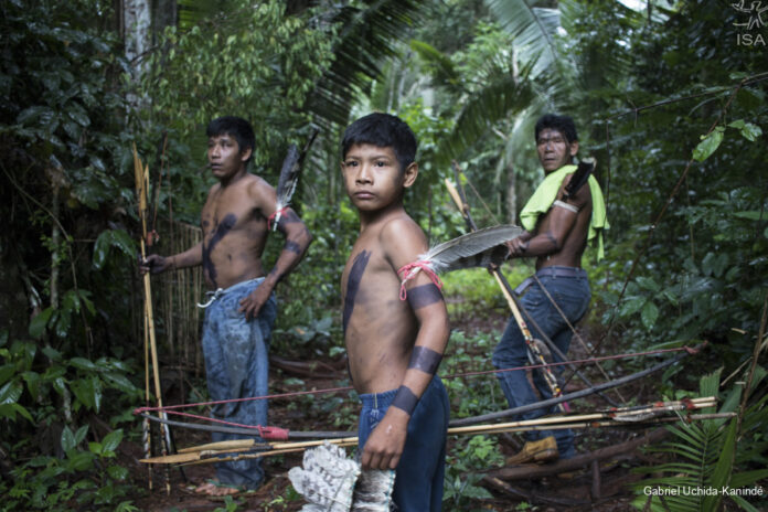 Três indígenas do sexo masculino em meio a floresta.