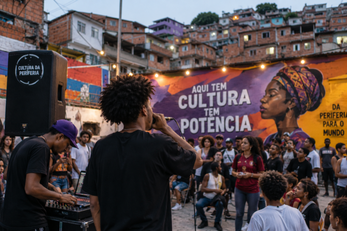 Evento cultural em área periférica, com apresentação musical, público reunido e mural colorido ao fundo