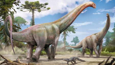 Reconstituição artística de dinossauros saurópodes em ambiente pré-histórico