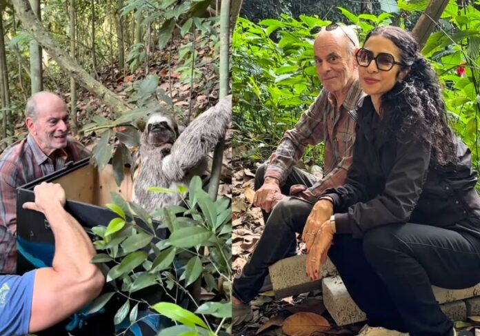 Ney Matogrosso e Marisa Monte acompanham a soltura de uma preguiça reabilitada em área de Mata Atlântica em Saquarema