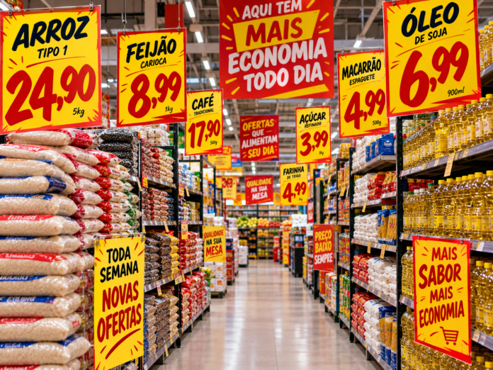 Corredor de supermercado com prateleiras de alimentos básicos e diversos cartazes amarelos e vermelhos anunciando ofertas de arroz, feijão, óleo, café e macarrão