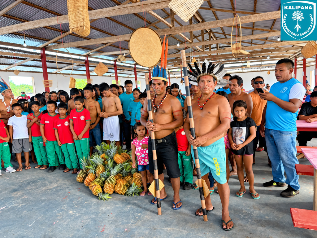 Crianças e adultos da comunidade da Escola Baniwa Kalipana reunidos em espaço escolar no Amazonas